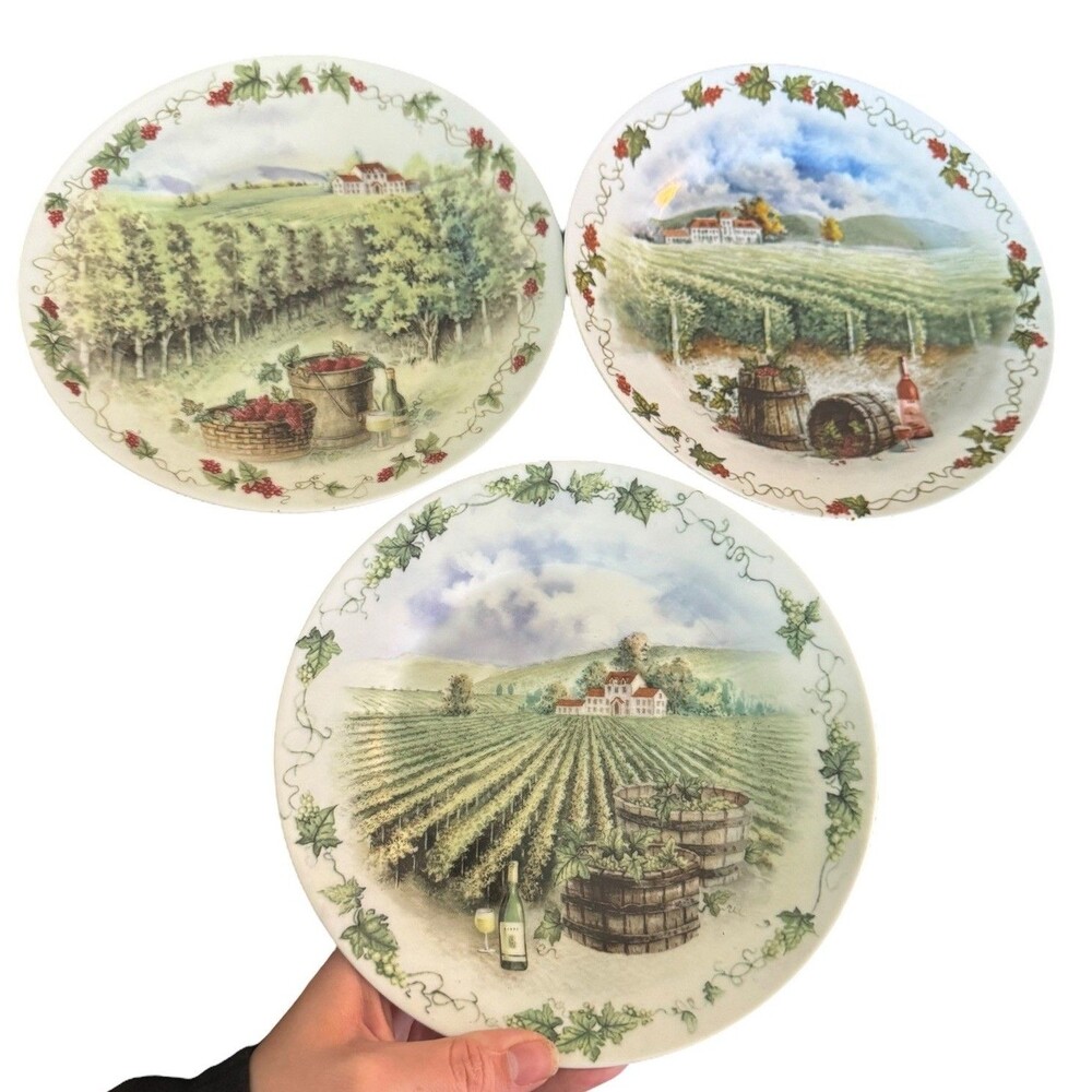 VINYARD VINES WINE And BARREL COUNTRY EMBOSSED DECORATIVE 8" PLATES 3 Piece Set
